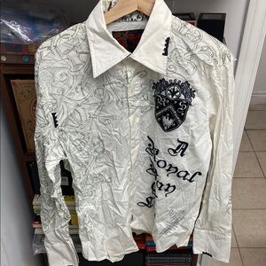Vintage Y2K Rebel Spirit Embroidered Men's White Graphic  Long Sleeve Shirt